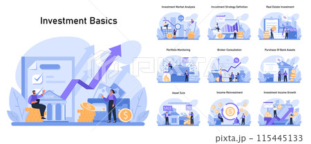 Investment basics set. Financial growth strategies, market analysis, and asset management. Essential concepts for portfolio building and income investment. Flat vector illustration. Investment basics set. Financial growth strategies, market analysis, and asset management. Essential concepts for portfolio building and income investment. Flat vector illustration. 115445133