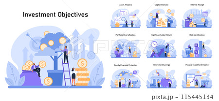 Investment objectives set. Financial goals through asset analysis, capital growth, and risk management. Achieving retirement savings and passive income. Flat vector illustration 115445134