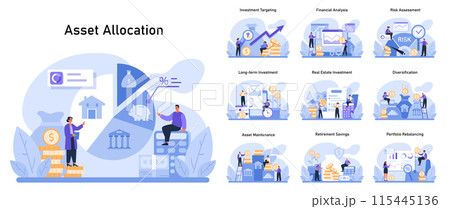 Asset Allocation set. Strategic investment planning and wealth growth. Efficient resource distribution, market analysis, and financial safety. Flat vector illustration 115445136
