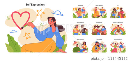Self expression set. Creative individuals showcasing identity and passions. Personal blogging, cultural dances, crafting. Expressive hobbies visualized. Flat vector illustration 115445152