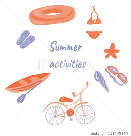 Summer activities flat design set swimming and bicycle Summer activities flat design set swimming and bicycle 115445170