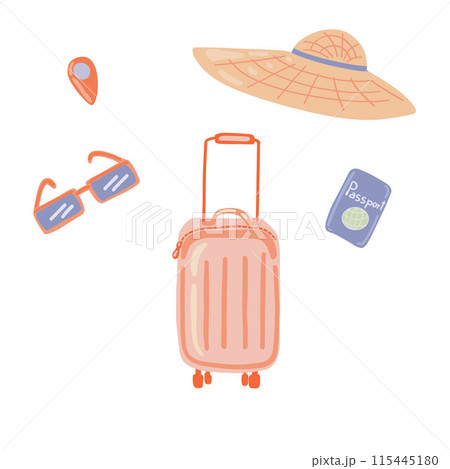 Summer travel set with glasses suitcase suitcase passport and point flat design Summer travel set with glasses suitcase suitcase passport and point flat design 115445180