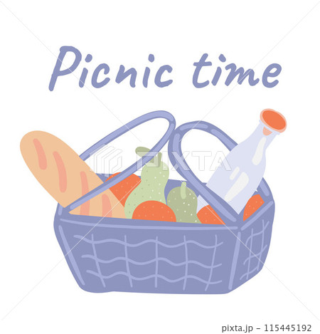 Picnic basket with baguette and bottle 115445192
