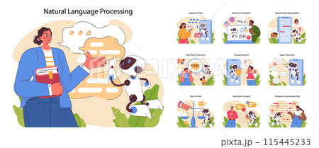 Natural language processing concept. Interactions between humans and AI across various applications. Educational and technological advancements. Artificial intelligence. Flat vector illustration 115445233