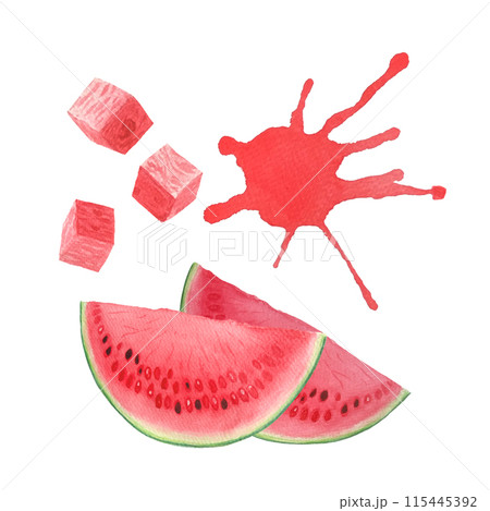 Watermelon slices and pink cubes and juicy splash. Watercolor set isolated on white background, hand drawn for food design. Packages, juice, drinks, smoothie, menu, organic food, ice cream label, logo 115445392