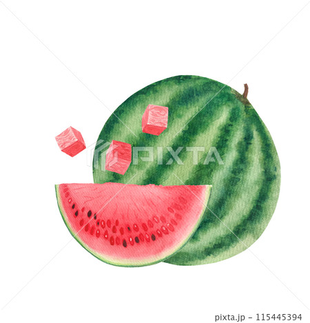 Watermelon whole, juicy slice and cubes. Watercolor composition isolated on white background, hand drawn for food design. Packages, juice, smoothie, drinks, menu, organic food, ice cream label, logo 115445394