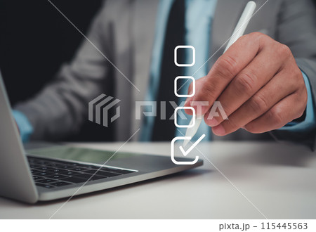 Businessman checks transaction documents or electronic contract documents, Prepare check and approve concept, Check electronic documents on digital documents and checklist approval. Businessman checks transaction documents or electronic contract documents, Prepare check and approve concept, Check electronic documents on digital documents and checklist approval. 115445563