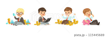 Kid Character In Financial Business Dealing with Money Vector Set 115445689