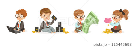 Kid Character In Financial Business Dealing with Money Vector Set 115445698