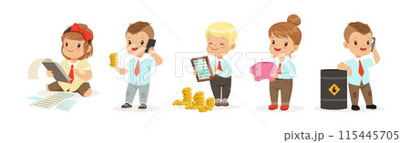 Kid Character In Financial Business Dealing with Money Vector Set Kid Character In Financial Business Dealing with Money Vector Set 115445705