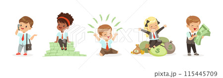 Kid Character In Financial Business Dealing with Money Vector Set Kid Character In Financial Business Dealing with Money Vector Set 115445709