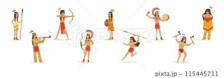 Indian Man and Woman Native Character with Feather Armed with Weapon Vector Set Indian Man and Woman Native Character with Feather Armed with Weapon Vector Set 115445711