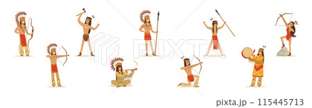Indian Man and Woman Native Character with Feather Armed with Weapon Vector Set 115445713