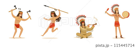 Indian Man Native Character with Feather Armed with Weapon Vector Set 115445714