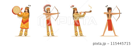 Indian Man Native Character with Feather Armed with Weapon Vector Set 115445715