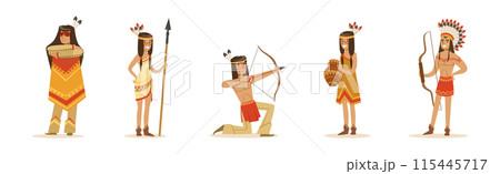 Indian Man and Woman Native Character with Feather Armed with Weapon Vector Set Indian Man and Woman Native Character with Feather Armed with Weapon Vector Set 115445717