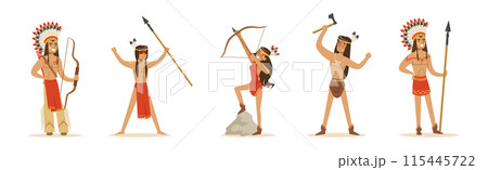 Indian Man and Woman Native Character with Feather Armed with Weapon Vector Set Indian Man and Woman Native Character with Feather Armed with Weapon Vector Set 115445722