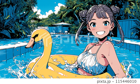 スワン浮き袋でプールでお楽しみ中の若い女性