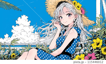 夏の晴天の日、南国の海辺の公園、入道雲をバックに若い女性