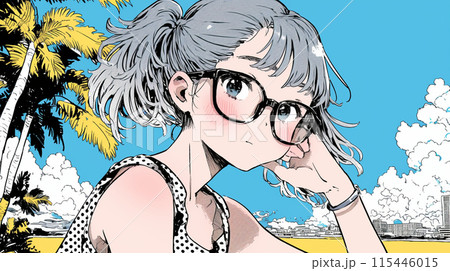 夏の晴天の日、南国の海辺の公園、入道雲をバックに若いメガネっ娘