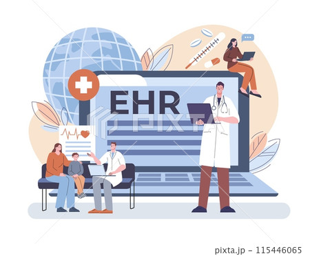 Ehr concept. Electronic medical record, doctor with laptop and info on screen. Healthcare, smart modern hospital technologies, kicky vector scene Ehr concept. Electronic medical record, doctor with laptop and info on screen. Healthcare, smart modern hospital technologies, kicky vector scene 115446065