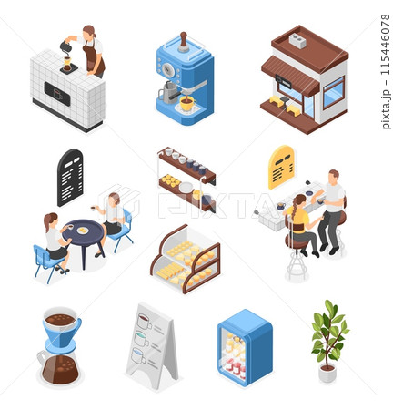 Isometric restaurant elements. Cafe or cafeteria workers doing filter coffee. Women drink tea, meeting in bar. Food court furniture, flawless vector collection Isometric restaurant elements. Cafe or cafeteria workers doing filter coffee. Women drink tea, meeting in bar. Food court furniture, flawless vector collection 115446078