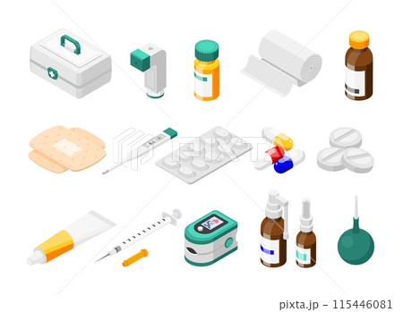Isometric medical equipment and first aid kit. Pills, bandage, cream tube and bottles. Pharmacy and hospital elements, flawless vector clipart 115446081
