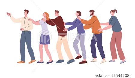 Adults playing train. Connecting game for team building or corporate team. Happy friends or family, young people play together, kicky vector scene Adults playing train. Connecting game for team building or corporate team. Happy friends or family, young people play together, kicky vector scene 115446086