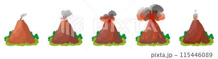 Volcano eruption. Volcanoes on different stages of erupt. Mountains with lava, magma, fire fountains, ashes and smokes. Neoteric nature vector elements Volcano eruption. Volcanoes on different stages of erupt. Mountains with lava, magma, fire fountains, ashes and smokes. Neoteric nature vector elements 115446089