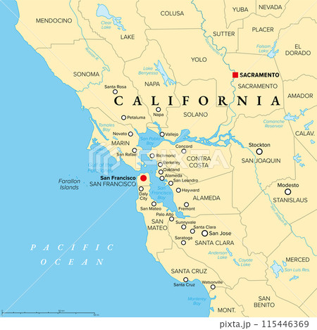 San Francisco Bay Area, a region of the U.S. state California, political map with counties and largest cities. An area that surrounds and include the San Francisco Bay, which is a large tidal estuary. San Francisco Bay Area, a region of the U.S. state California, political map with counties and largest cities. An area that surrounds and include the San Francisco Bay, which is a large tidal estuary. 115446369
