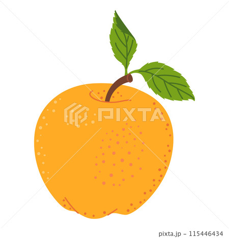 Yellow juicy ripe apple with green leaf. 115446434