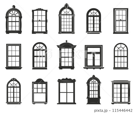Windows silhouette set. Black window frames collection. Architectural classic home design elements. Decorative buildings details vector clipart 115446442