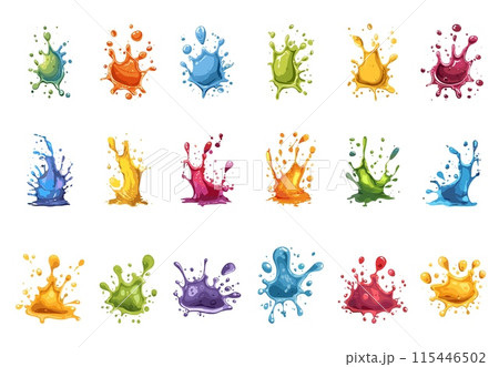 Paint splashes and drops. Colorful blobs, liquid splash. Simple cartoon art decorative elements. Isolated childish bright decor vector set 115446502