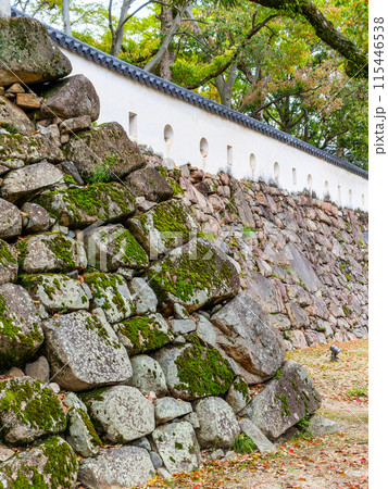 岡山城の力強い石垣の景色　 115446538