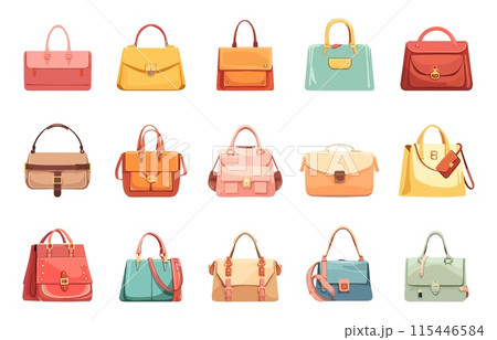 Colorful female bags. Clutch wallet purse handbag. Fashionable leather accessories. Luxury modern hand bag. Trendy vector collection 115446584