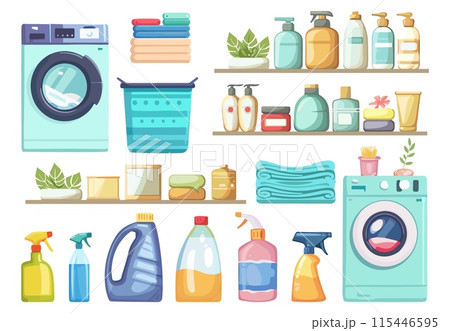 Bathroom accessories. Washing machine shampoo bottles spray shelf. Bathroom self hygiene items. Vector cartoon clipart collection 115446595