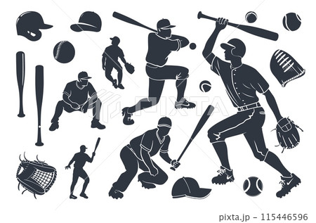 Baseball player throwing ball silhouette set. Active sport elements, athletes in active poses. Ball bat baseball glove and hats. Vector clipart set 115446596