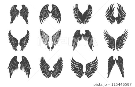 Angel wings silhouettes design elements. Wing black and white icons. Isolated birds eagle vector plumage clipart 115446597