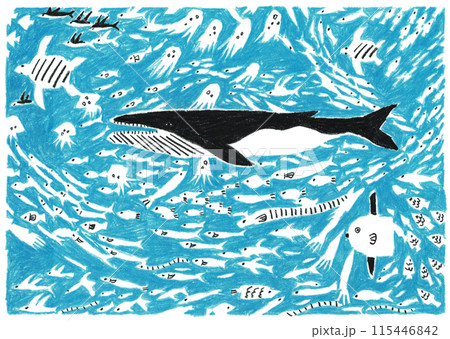 海の中を泳ぐ魚の群れ 手描きのイラスト 海の中を泳ぐ魚の群れ 手描きのイラスト 115446842