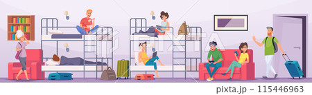 Hostel space. Students or tourists spend time in hostel room alternative home with bed and tables exact vector concept background of travelers 115446963