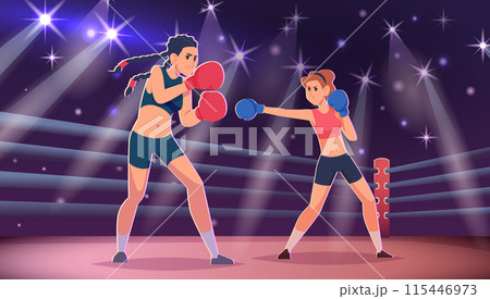 Box fighters. Sport strong woman in box gloves fighting and hitting bag exact vector cartoon background 115446973