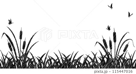 Wetland landscape silhouette. Cattail with grass and butterflies in grunge style Wetland landscape silhouette. Cattail with grass and butterflies in grunge style 115447016