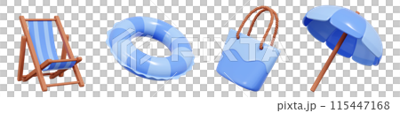 Summer sea beach vacation and swimming pool relax 3d render icons set. Summertime seashore trip and travel design elements - lounge chair and sunshade umbrella, inflatable ring and beach bag. Summer sea beach vacation and swimming pool relax 3d render icons set. Summertime seashore trip and travel design elements - lounge chair and sunshade umbrella, inflatable ring and beach bag. 115447168