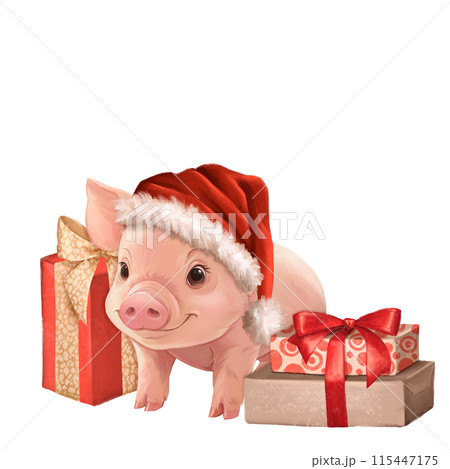 Piglet with presents. Christmas card. Piglet with presents. Christmas card. 115447175