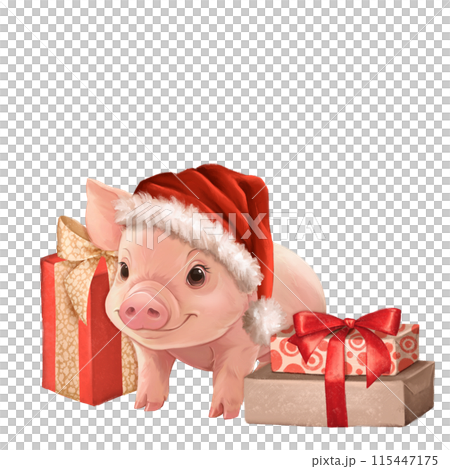 Piglet with presents. Christmas card. Piglet with presents. Christmas card. 115447175