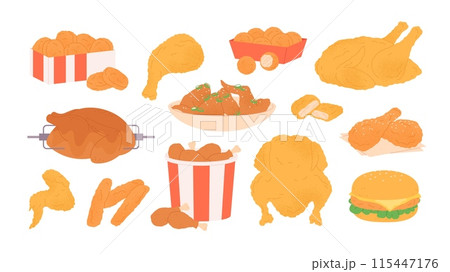 Fried chicken fast food. Crispy chicken wings and legs, stripes and balls in paper bucket. Meals for eating to go popular meals, restaurant dish racy vector set Fried chicken fast food. Crispy chicken wings and legs, stripes and balls in paper bucket. Meals for eating to go popular meals, restaurant dish racy vector set 115447176