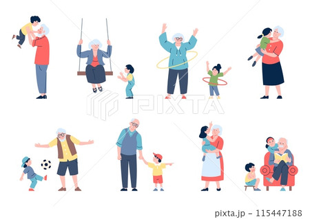 Grandparents with grandkids. Family time with book, play ball and hugging. Old people and children, elderly nanny and kid recent vector set 115447188