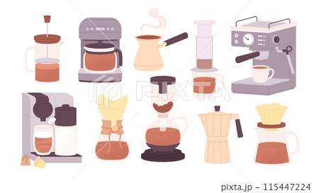 Coffee makers. French press filter and capsules. Espresso machine and cezve. Cafe or bakery equipment for morning energy hot drinks, racy vector set 115447224