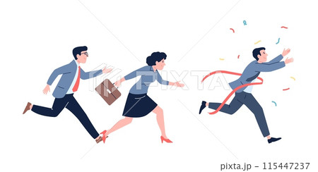 Businessman crossing finish line. Corporate competition winner, success full victory. Office people race on work, motivation leader recent vector scene 115447237