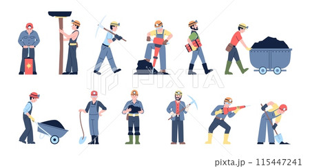 Mine industry workers. Professional miners with working tools and equipment. Coal in trolley, dynamite, shovels for use miner, recent vector set Mine industry workers. Professional miners with working tools and equipment. Coal in trolley, dynamite, shovels for use miner, recent vector set 115447241